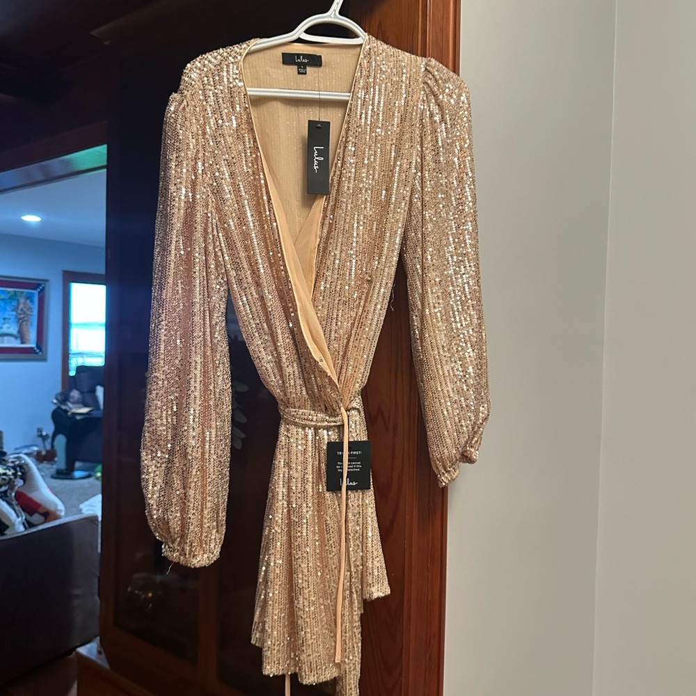 Lulu's Shimmering Gold Long Sleeve Dress